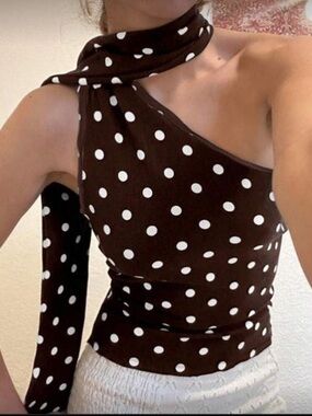 One-Shoulder Brown Polka Dot Top